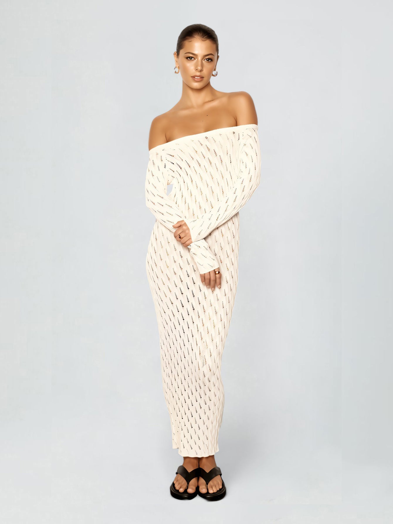 Solid Off-Shoulder A-Line Ankle-Length Dress