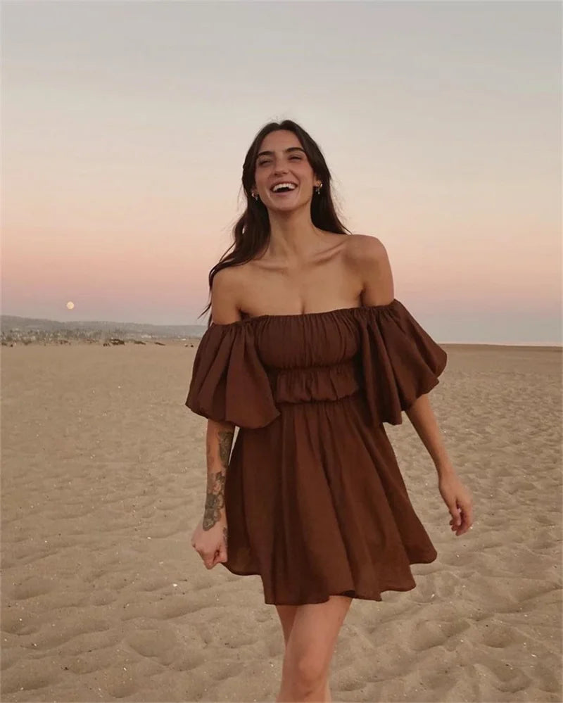 Solid Slash Neck A-Line Mini Dress