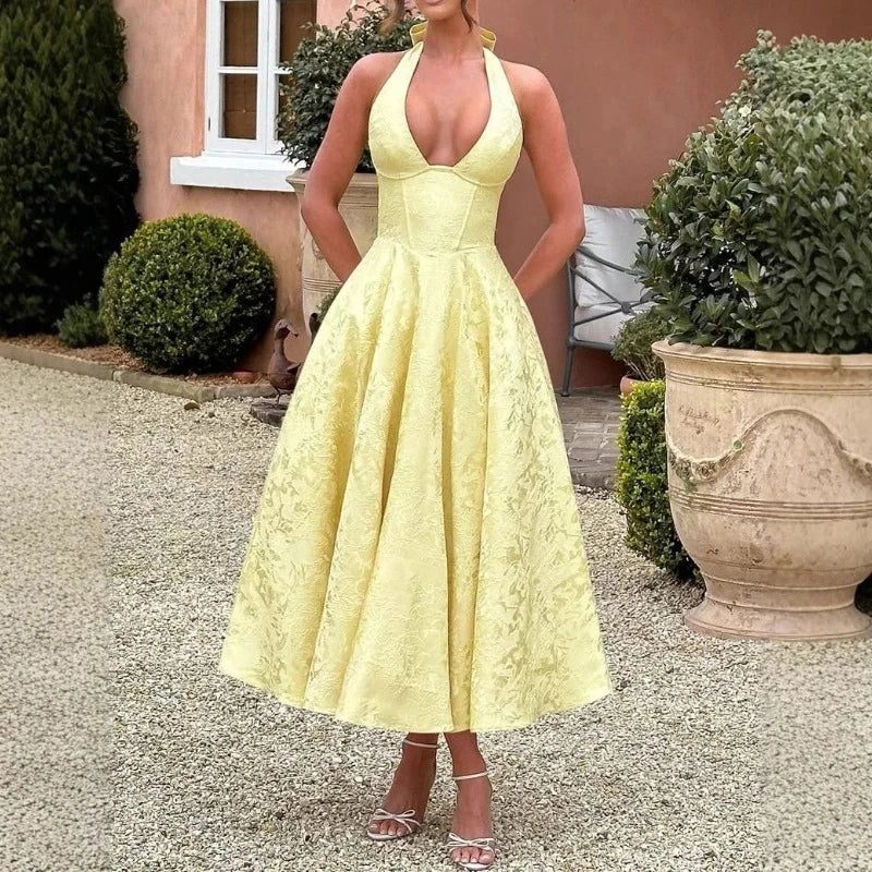 V-Neck A-Line Midi Dress