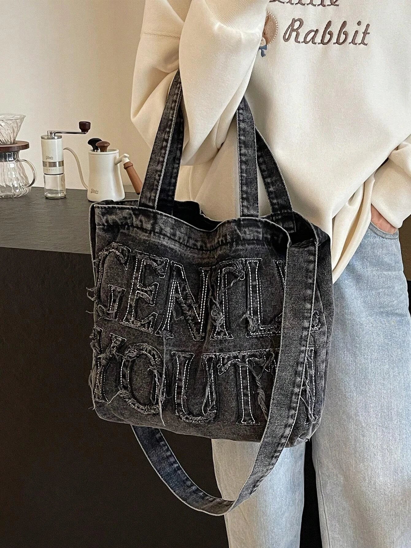 Embroidered Canvas Large Tote Bag