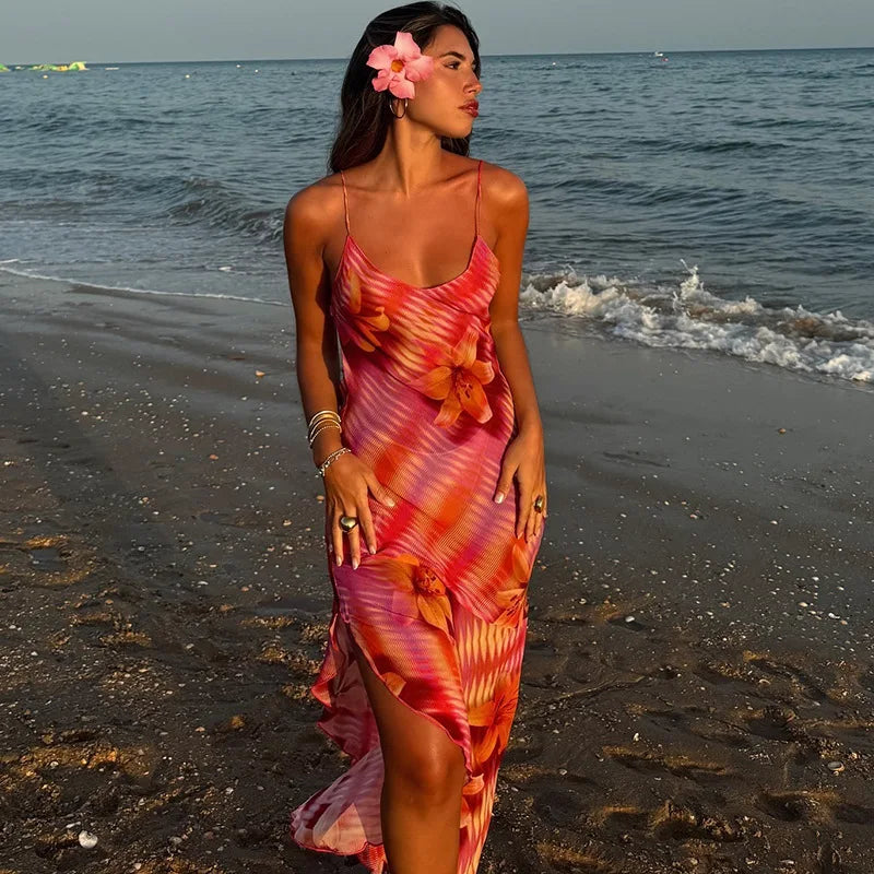 Printed Slash Neck Sheath Maxi Dress