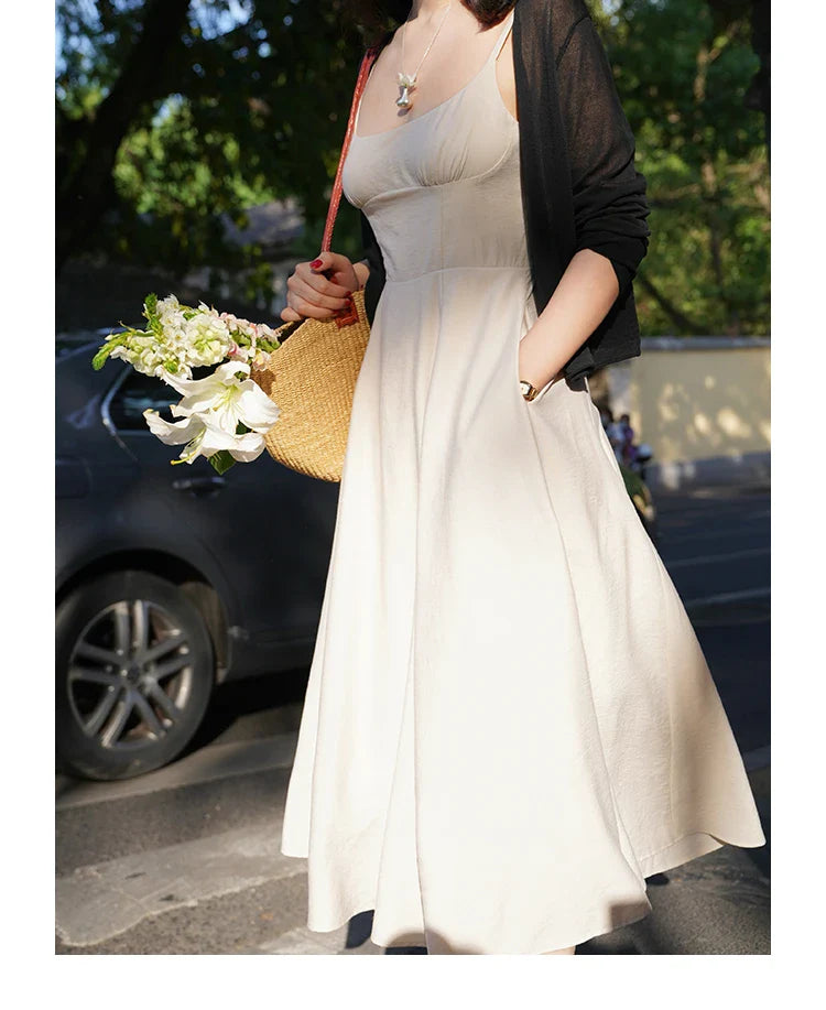 Solid Spaghetti Strap A-Line Midi Dress