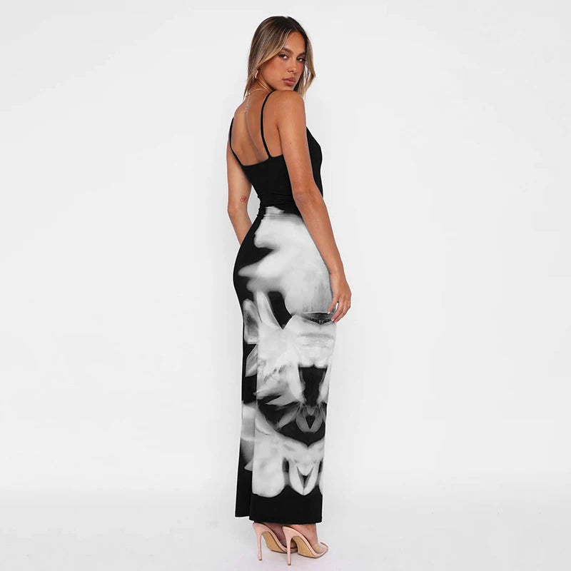 Printed Spaghetti Strap Column Ankle-Length Dress