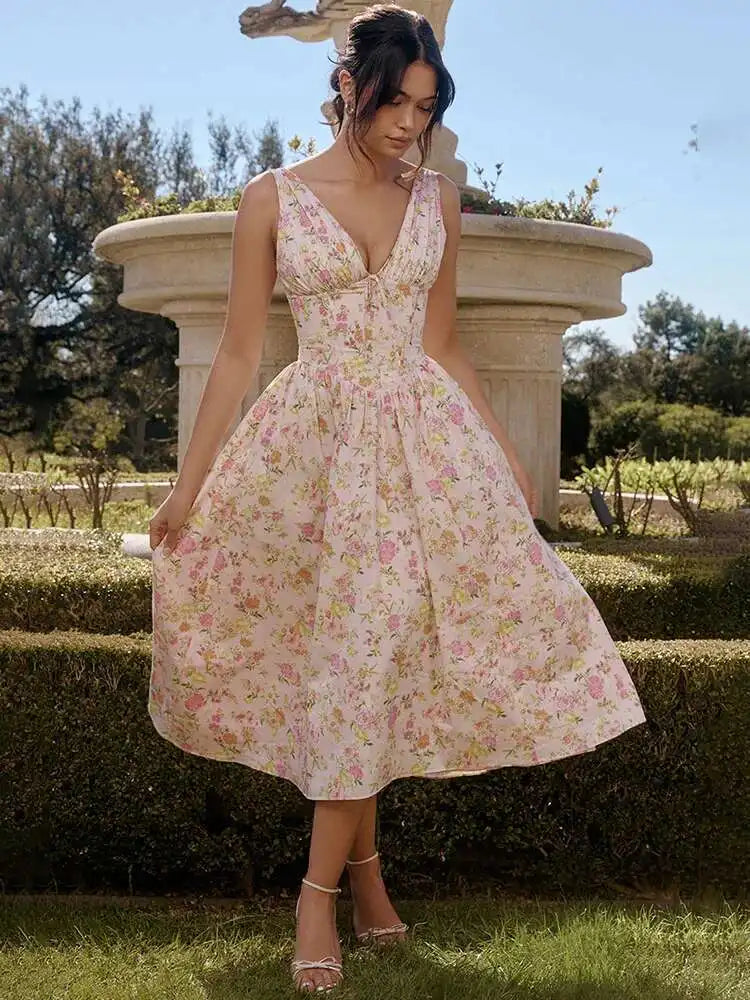 Printed Spaghetti Strap A-Line Midi Dress