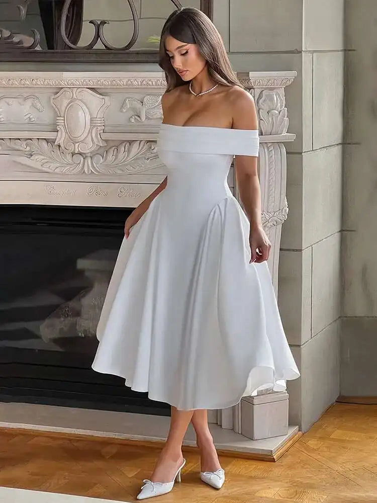 Solid Slash Neck A-Line Midi Dress
