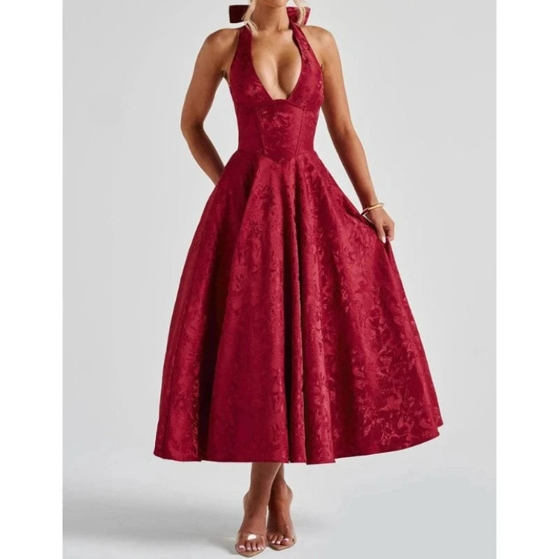 V-Neck A-Line Midi Dress