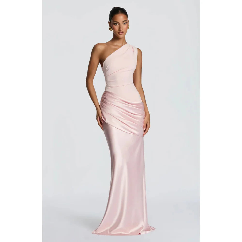 Satin One-Shoulder Ankle-Length Dress