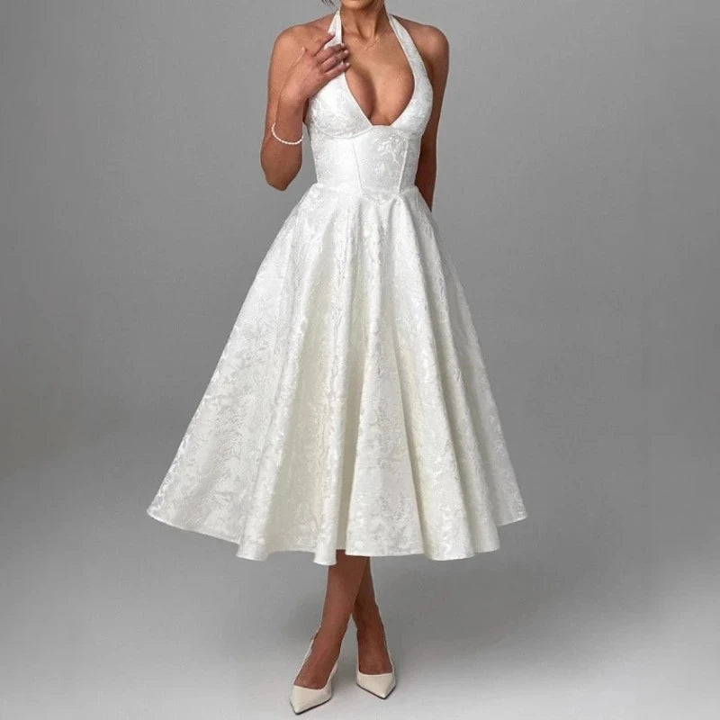 V-Neck A-Line Midi Dress