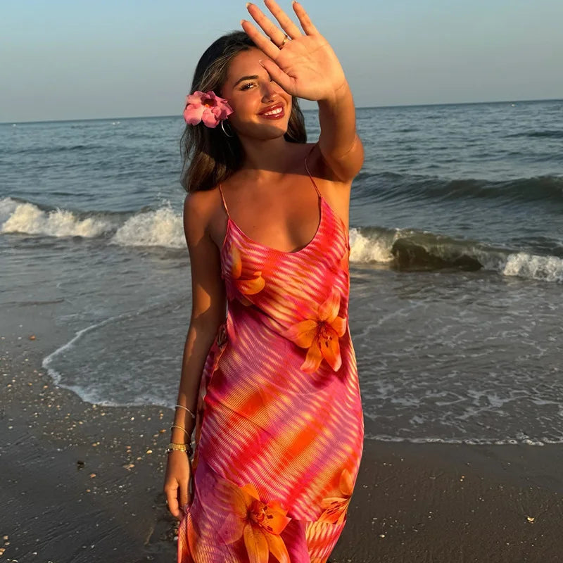Printed Slash Neck Sheath Maxi Dress