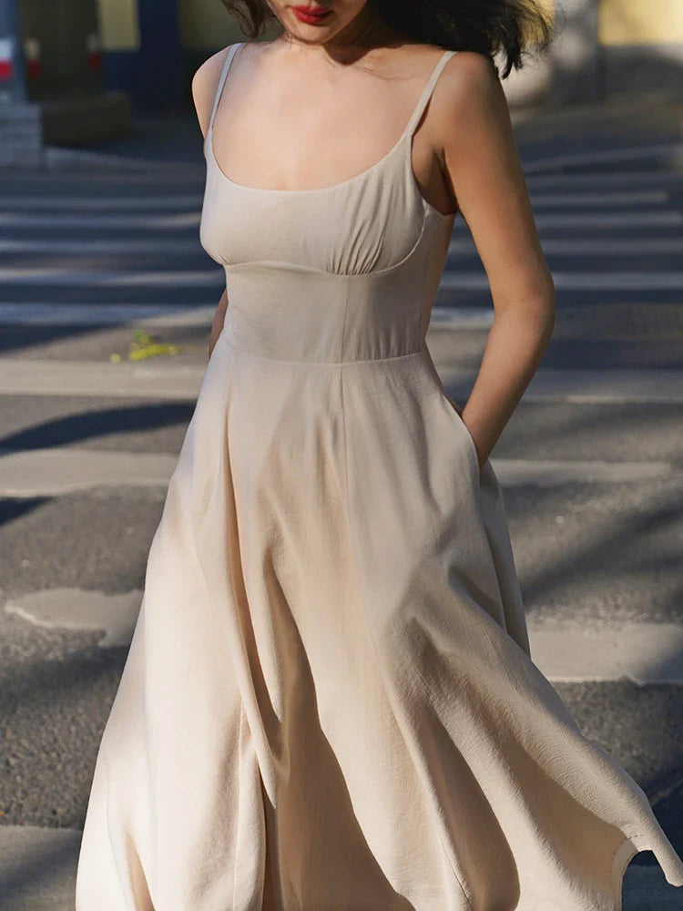 Solid Spaghetti Strap A-Line Midi Dress