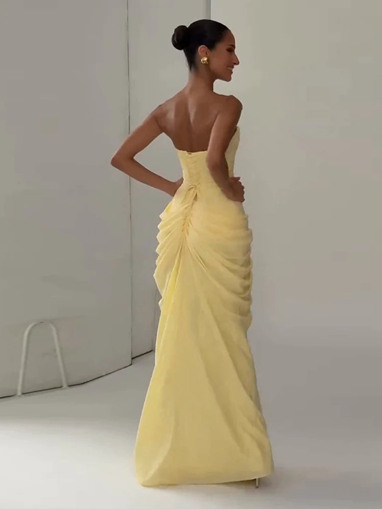 Pleated Strapless Ankle-Length Dress