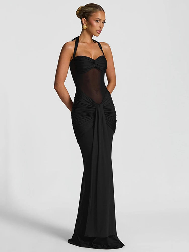 Solid Halter Bodycon Ankle-Length Dress