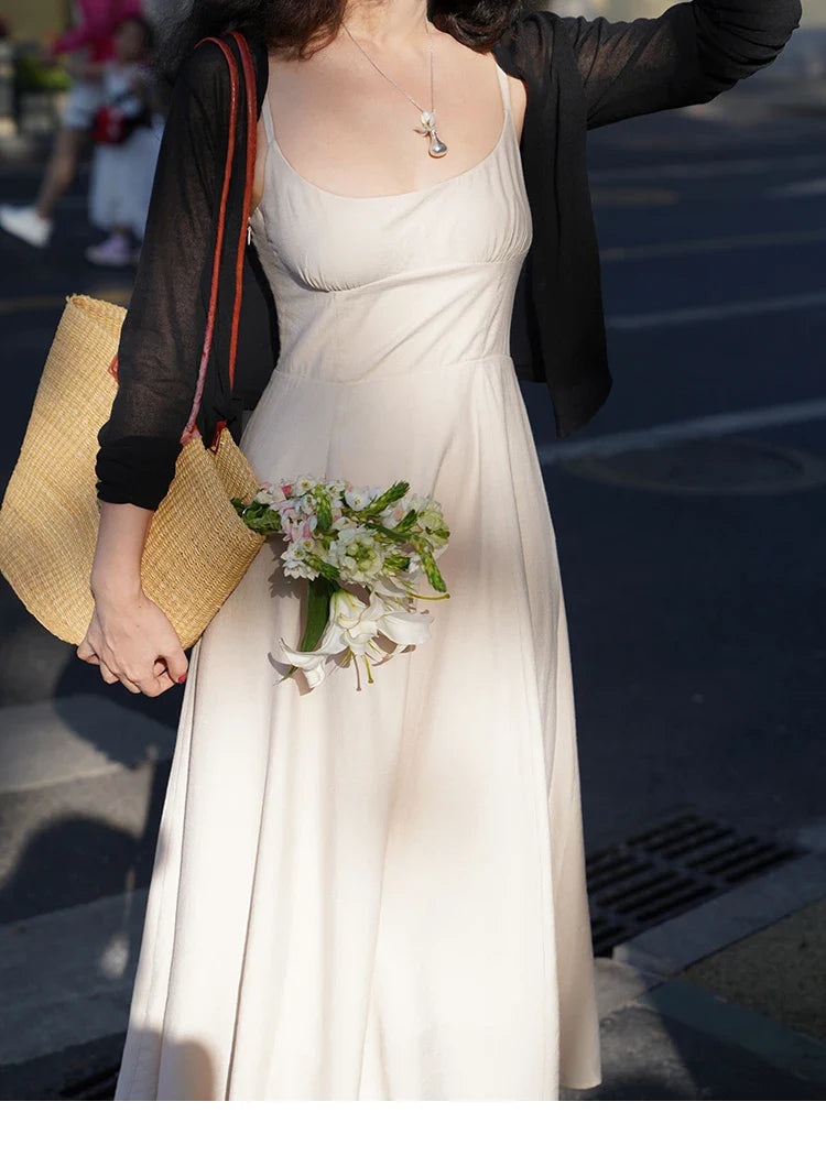 Solid Spaghetti Strap A-Line Midi Dress