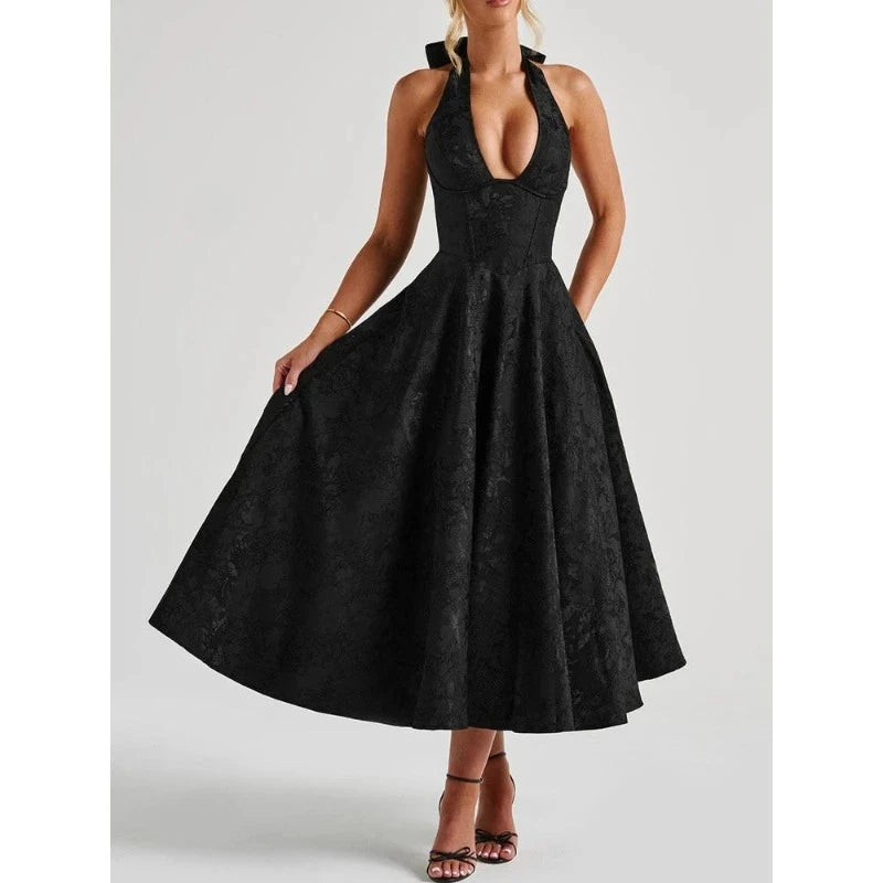 V-Neck A-Line Midi Dress