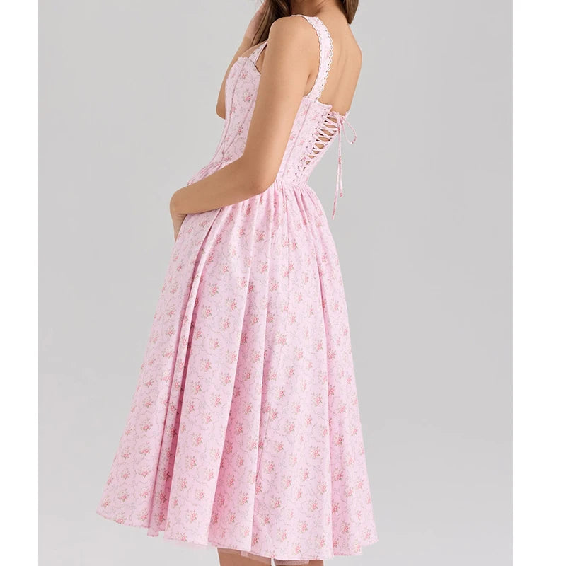 Printed Spaghetti Strap A-Line Midi Dress