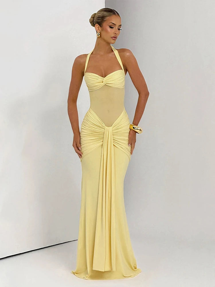 Solid Halter Bodycon Ankle-Length Dress