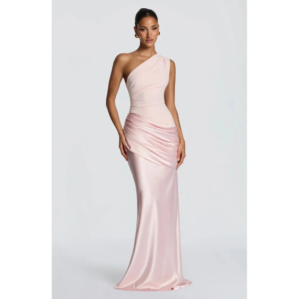 Satin One-Shoulder Ankle-Length Dress