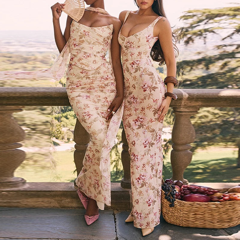 Printed V-Neck Sheath Ankle-Length Dress