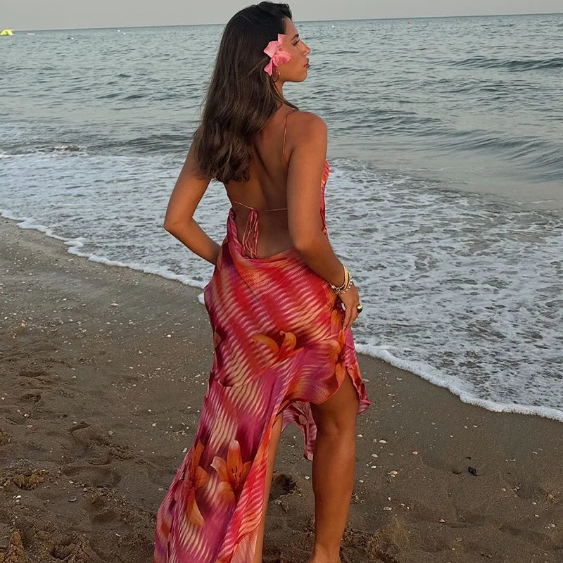 Printed Slash Neck Sheath Maxi Dress