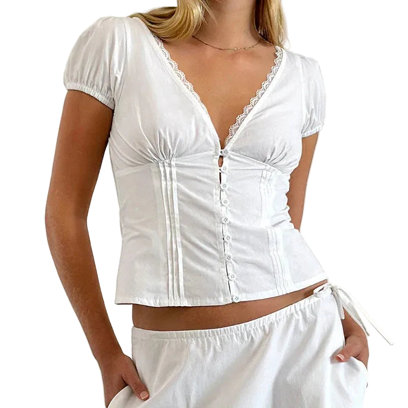 Lace Trim V-Neck Button-Up Crop Top