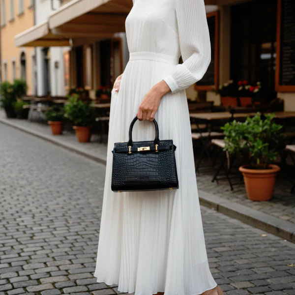 Croc-Embossed Genuine Leather Satchel Bag