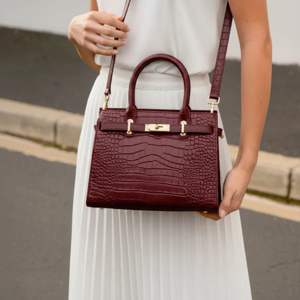 Croc-Embossed Genuine Leather Satchel Bag