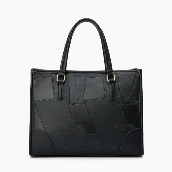 Front view of the Anelisse vegan leather tote bag in black with a modern, geometric pattern and elegant design