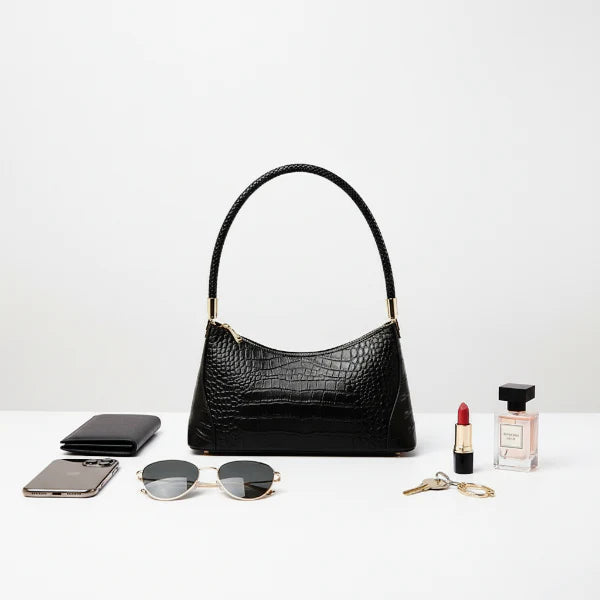 Croc-Embossed Genuine Leather Shoulder Bag