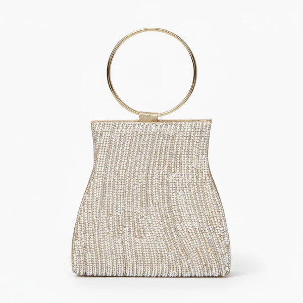 Celestia Rhinestone Crystal Evening Bag in gold, front studio view showcasing sculpted silhouette and round ring handle