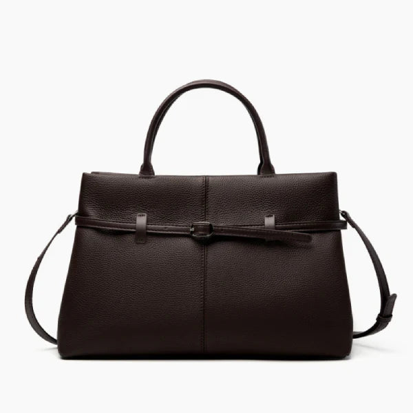 Front view of a brown coffee-colored genuine leather tote bag with a sleek buckle design, perfect for formal and casual occasions