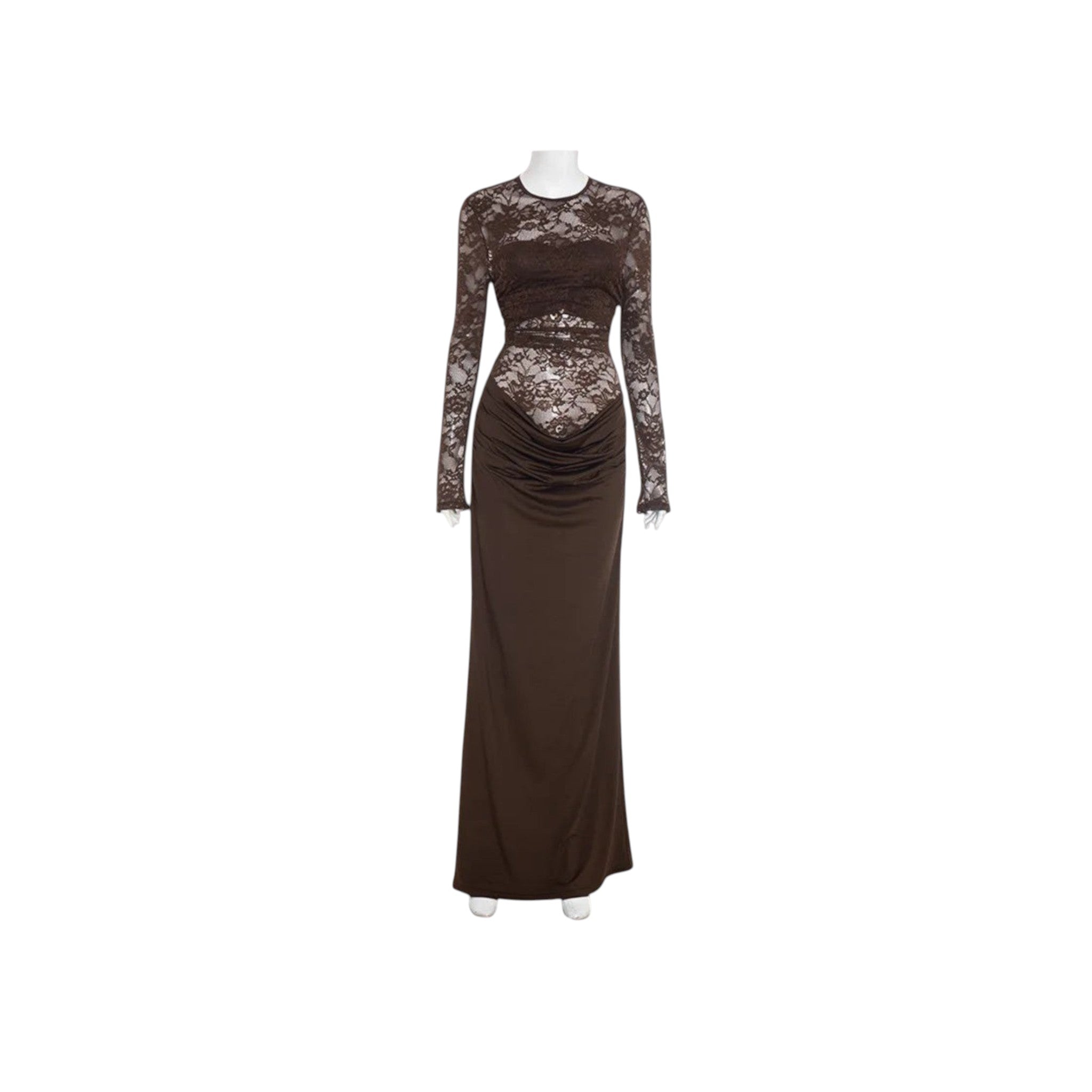 Eve&Co. brown long sleeve lace dress with ruched detail and high waist. Polyester fiber.