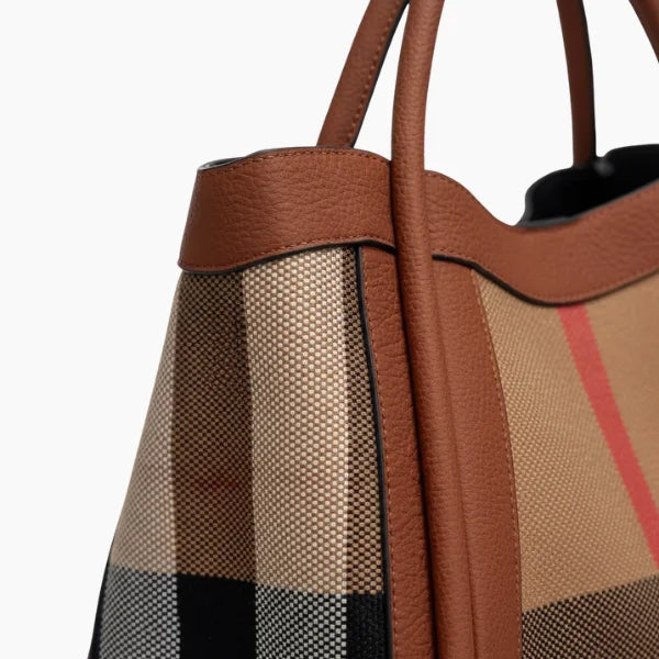 Plaid Genuine Leather Large Tote Bag