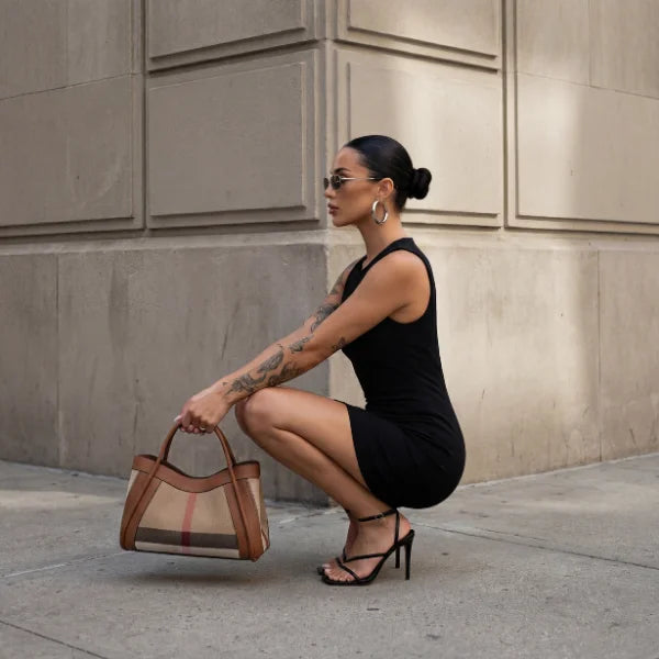 Plaid Genuine Leather Large Tote Bag