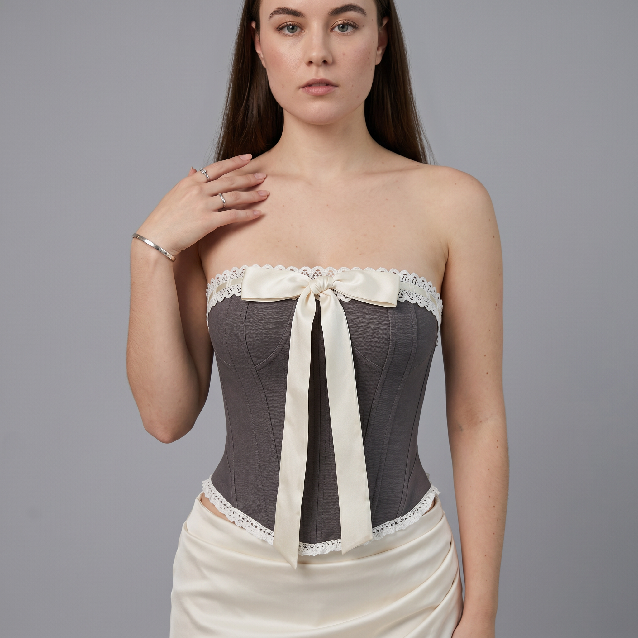 Lace Ruffle Trim Bow Detail Boned Cami Sexy Blouse