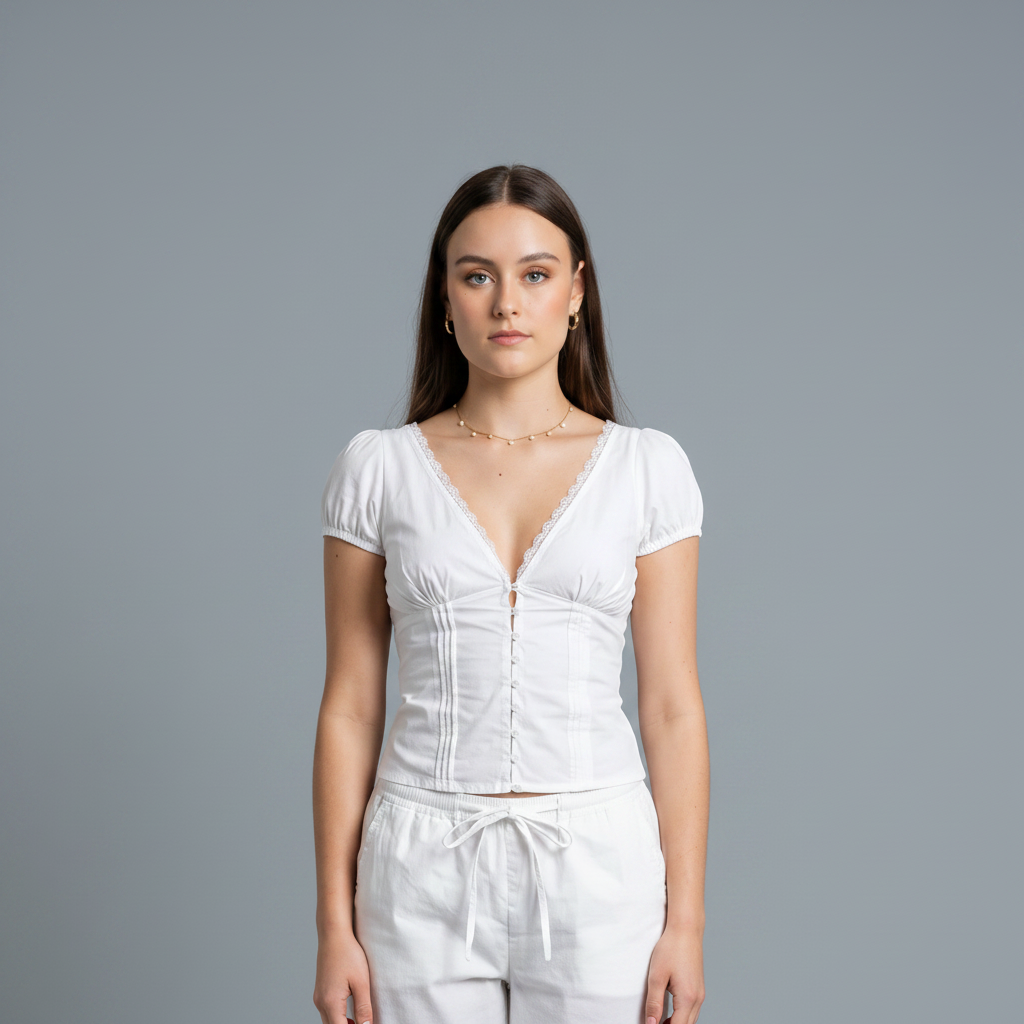 Lace Trim V-Neck Button-Up Crop Top