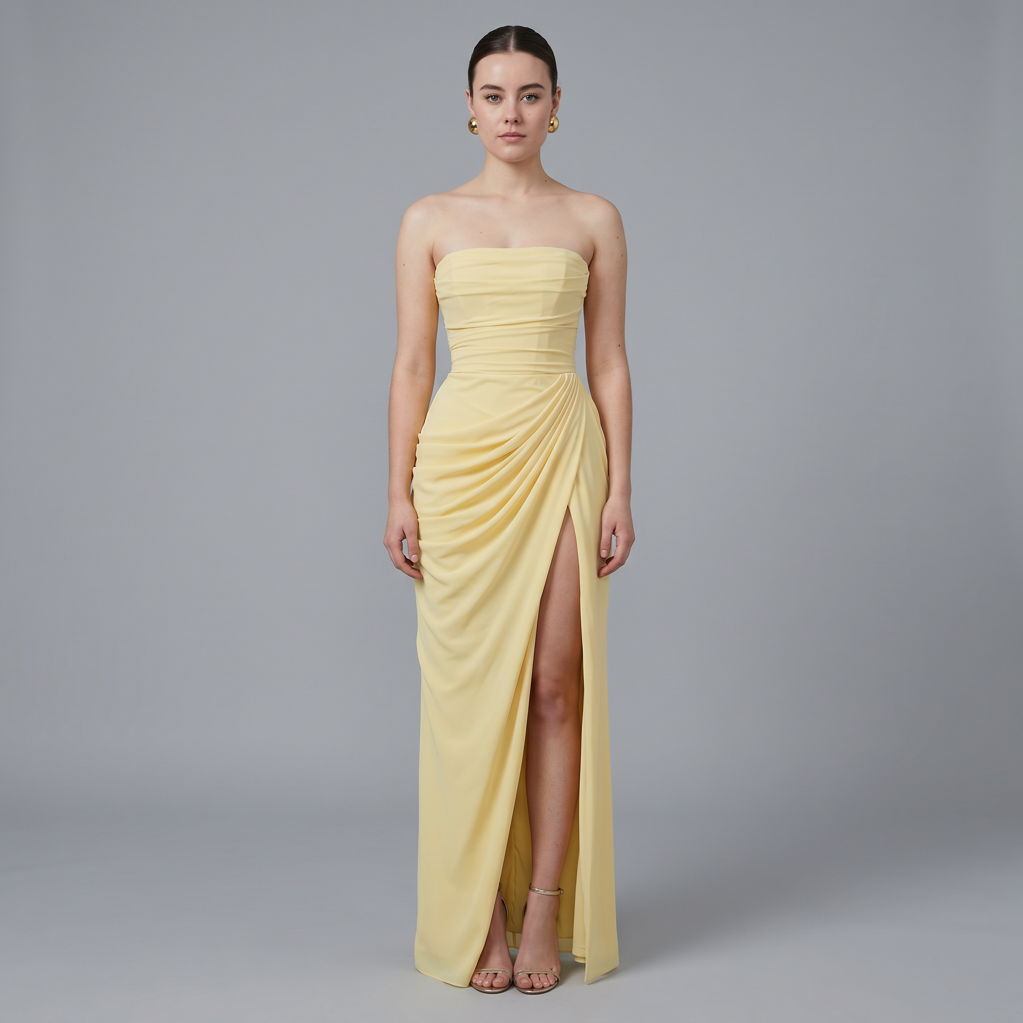 Pleated Strapless Ankle-Length Dress