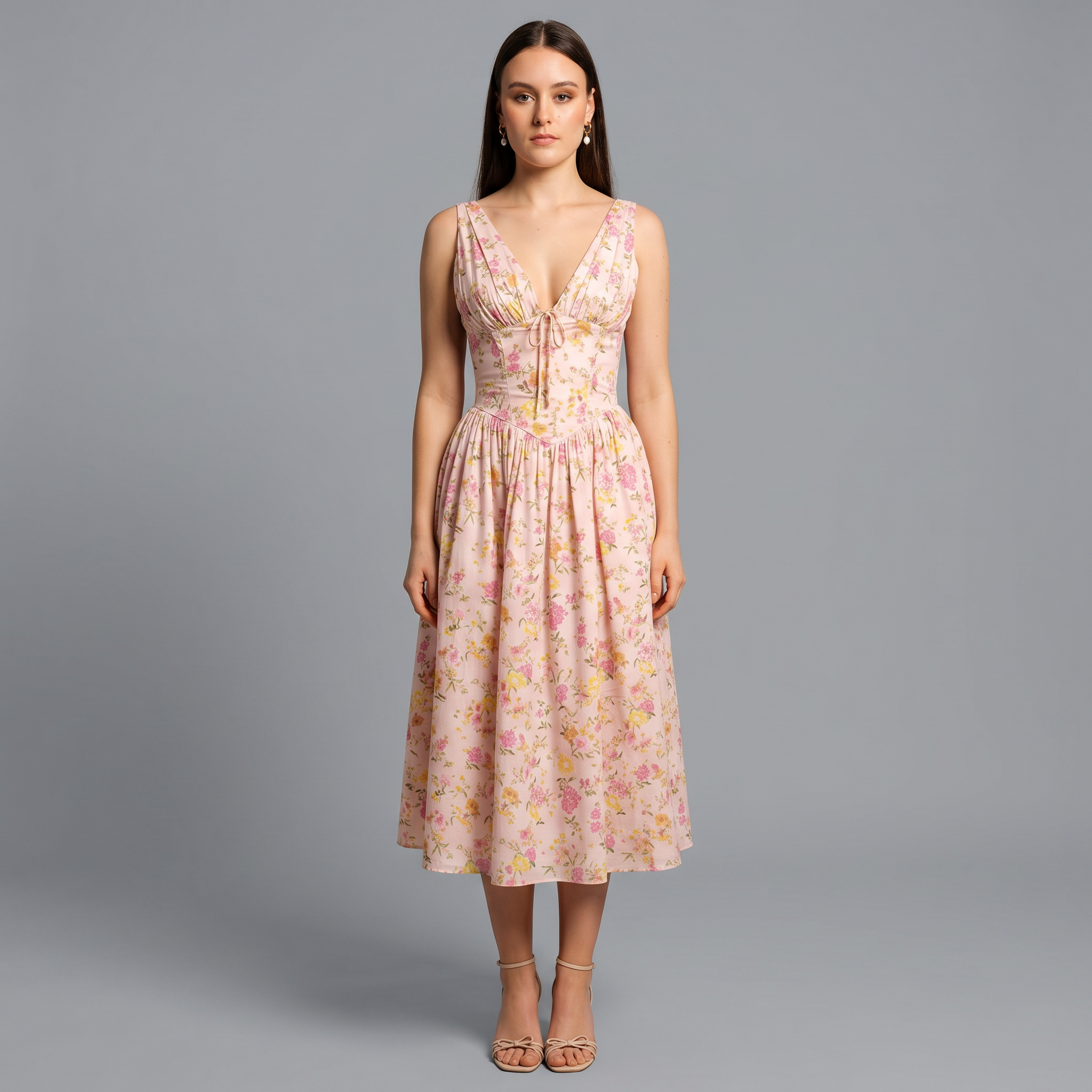 Printed Spaghetti Strap A-Line Midi Dress