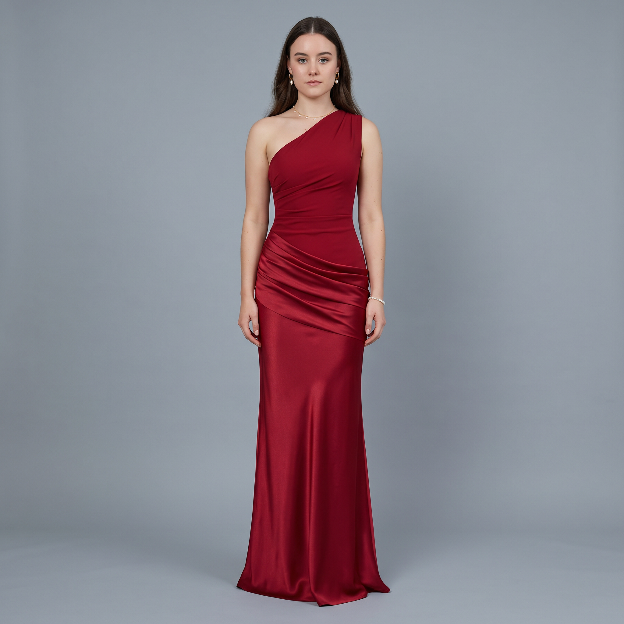 Satin One-Shoulder Ankle-Length Dress
