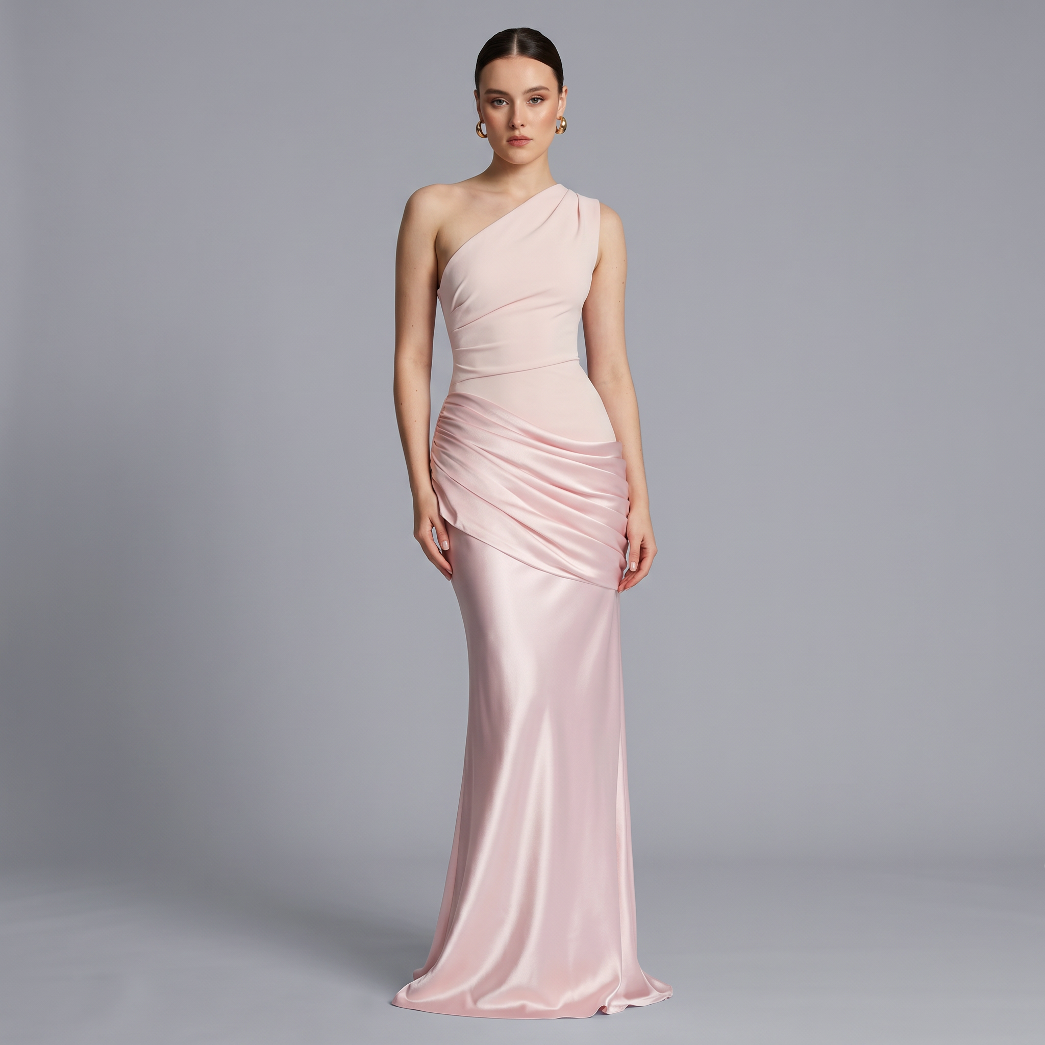 Satin One-Shoulder Ankle-Length Dress