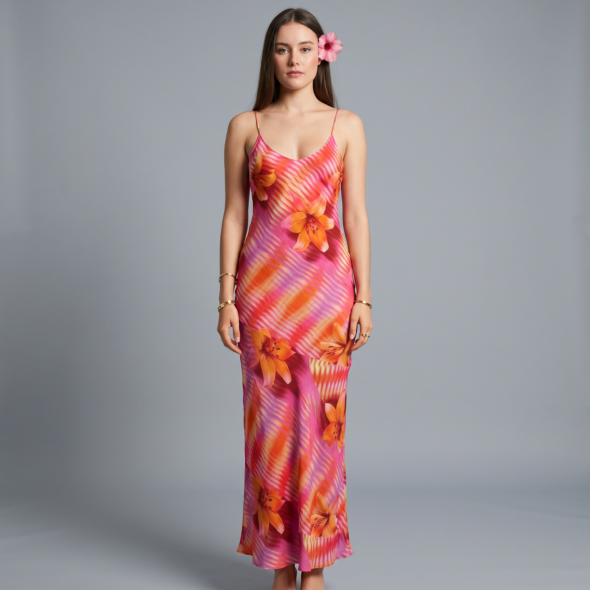 Printed Slash Neck Sheath Maxi Dress