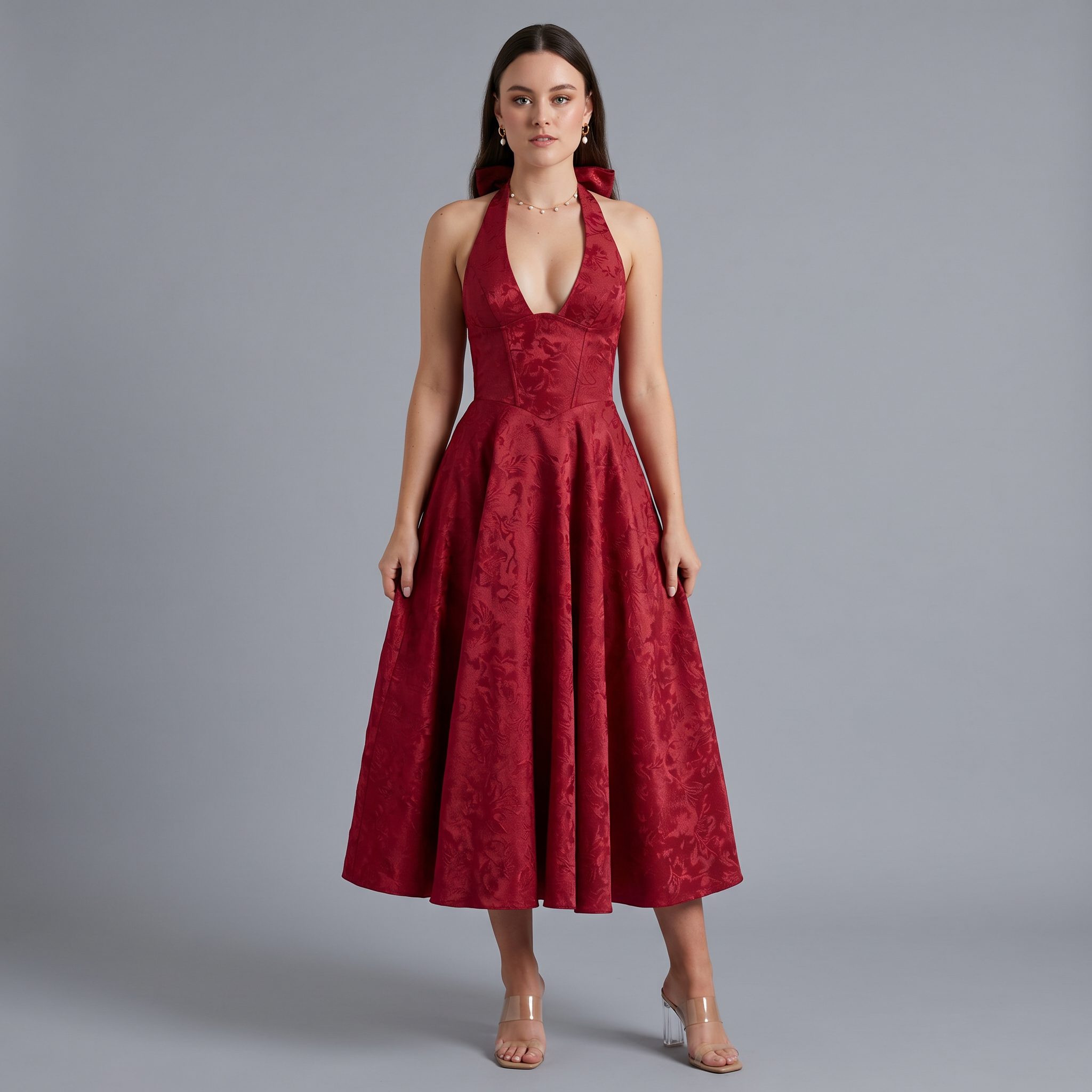 V-Neck A-Line Midi Dress