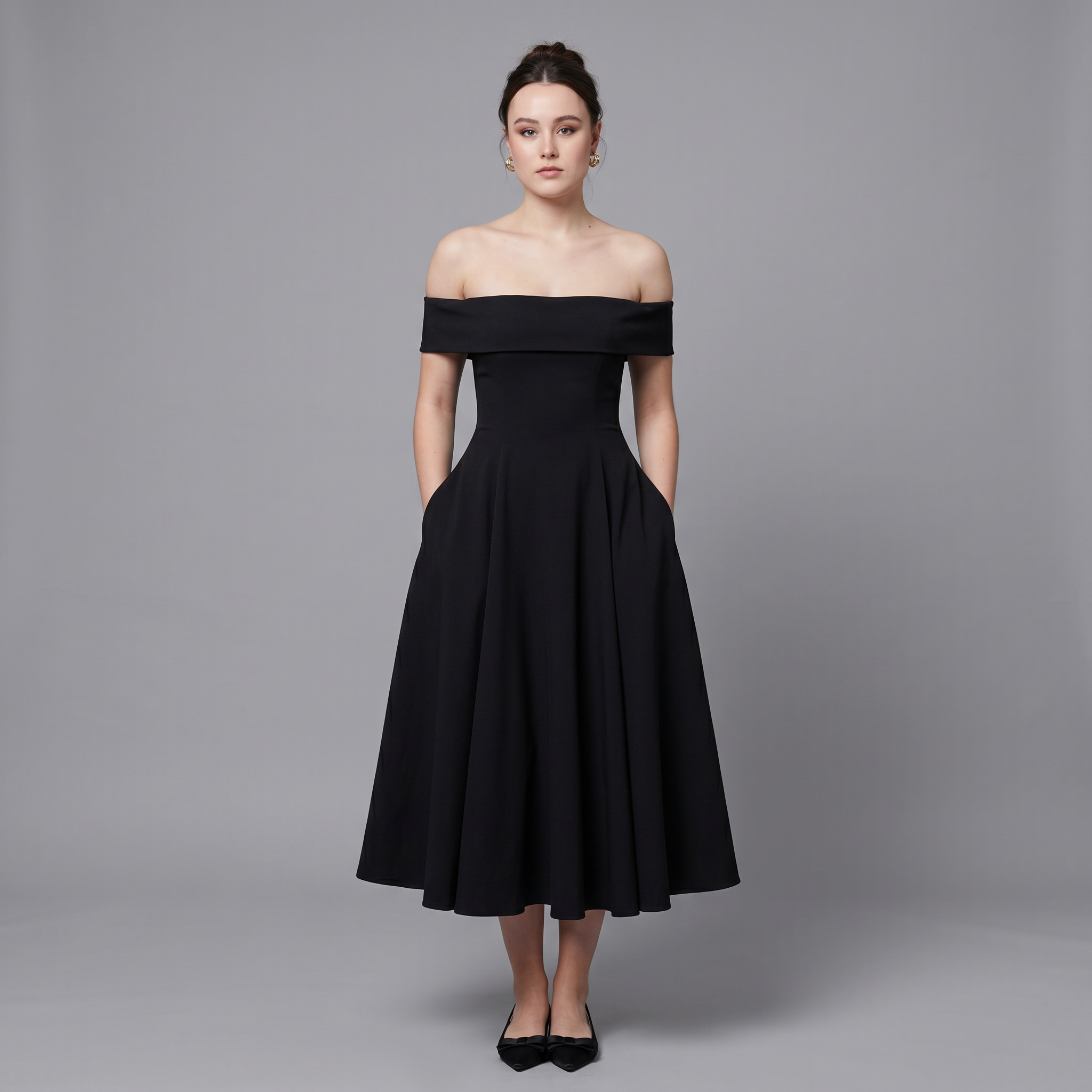 Solid Slash Neck A-Line Midi Dress