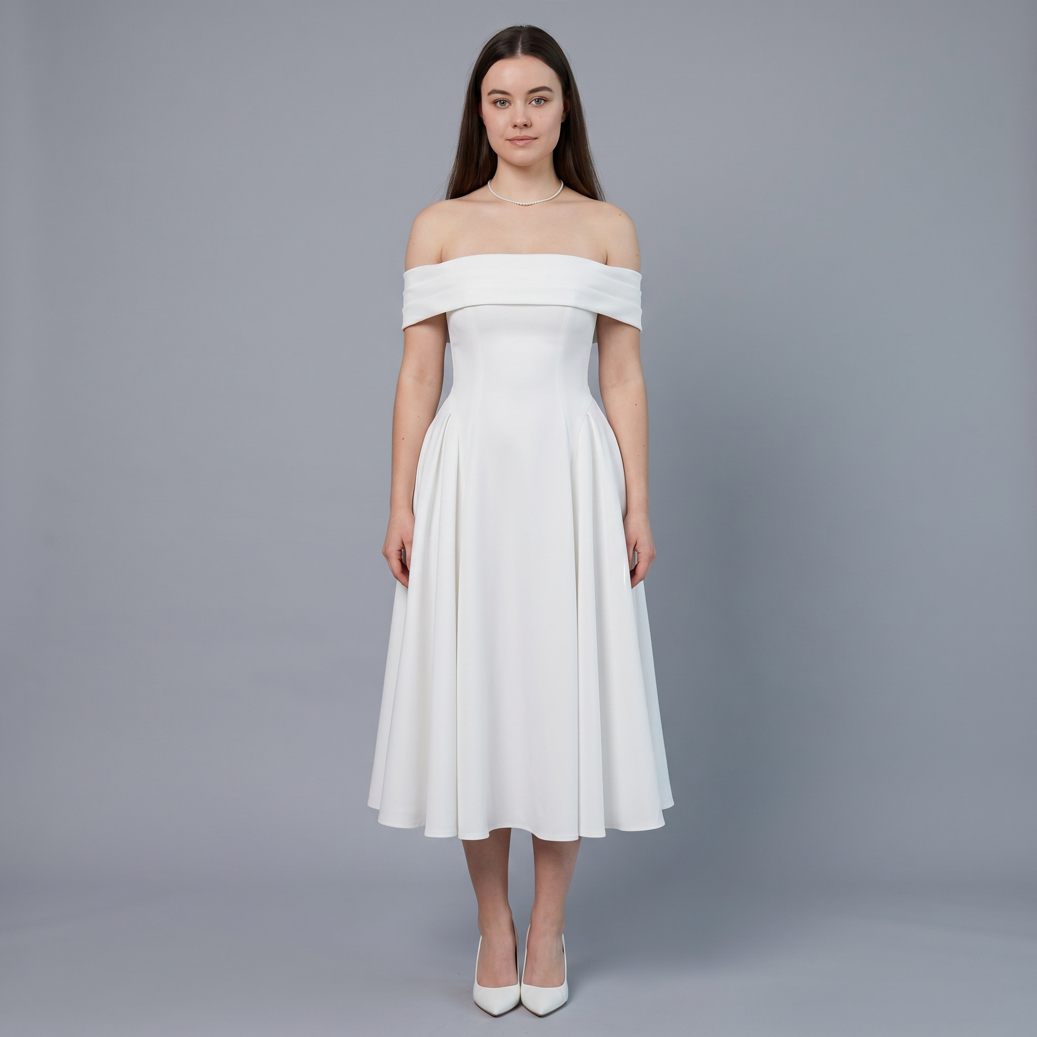Solid Slash Neck A-Line Midi Dress