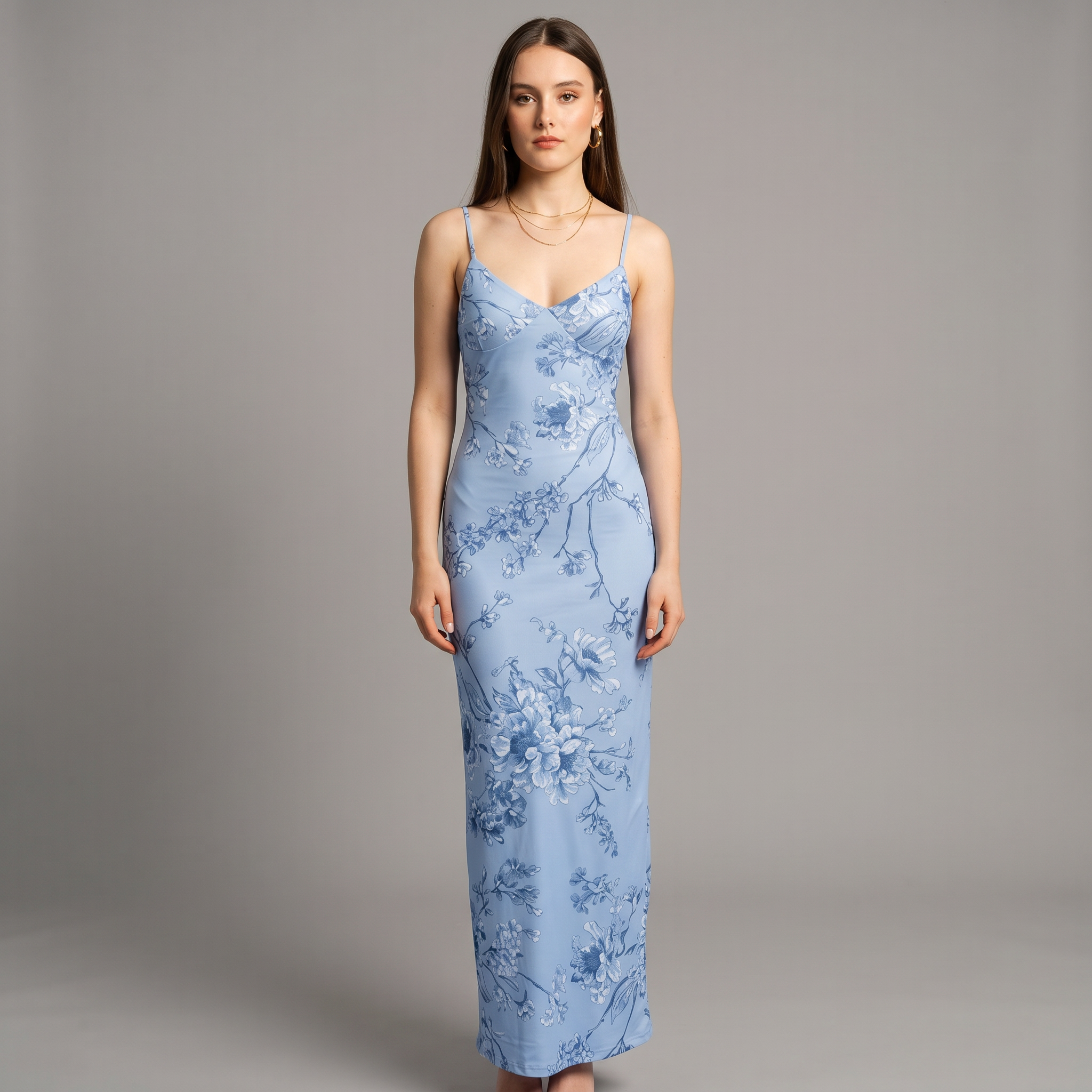 Printed V-Neck Sheath Floor-Length Dress