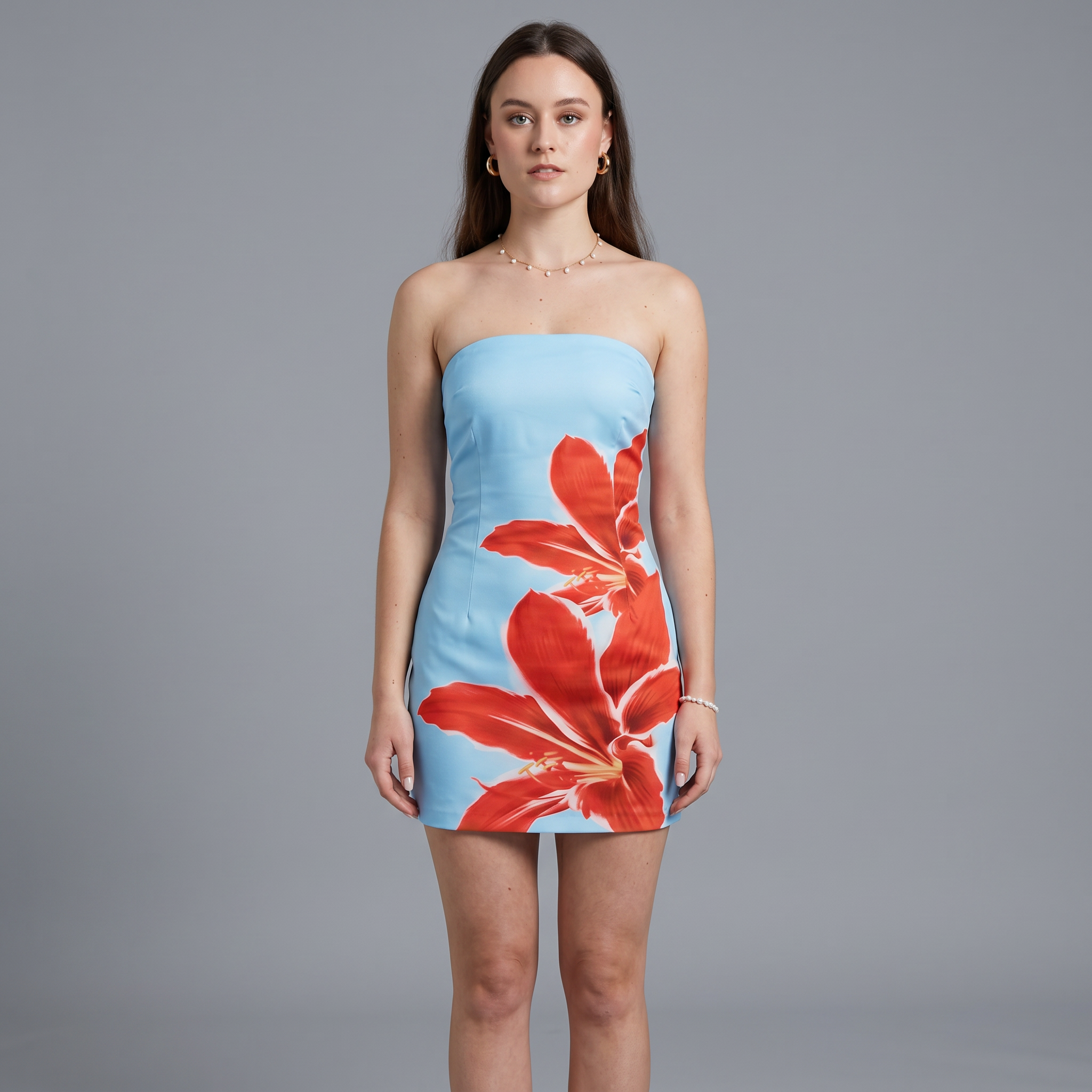 Printed Strapless Column Mini Dress