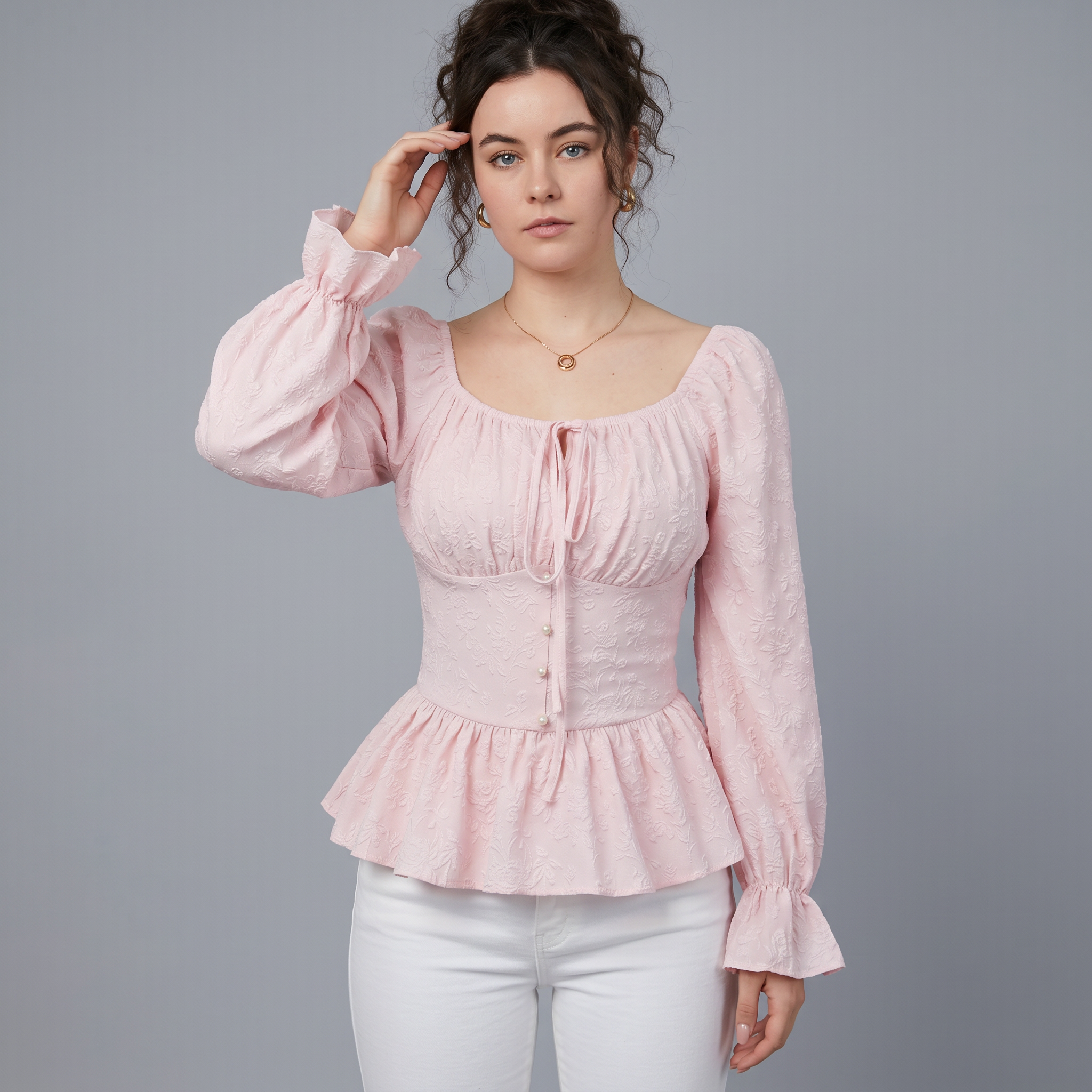 U Neck Tie Long Sleeve Designer Blouse