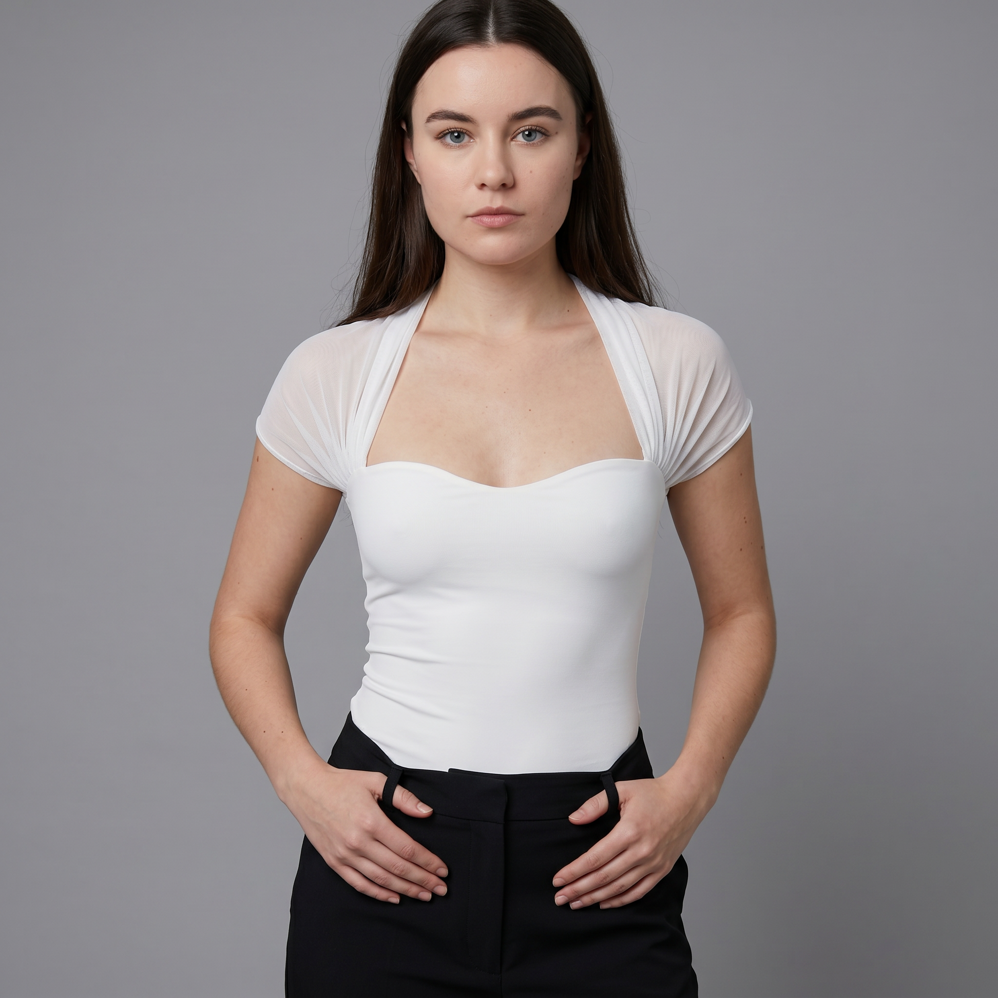 Solid Mesh Splice Sheer Casual Blouse