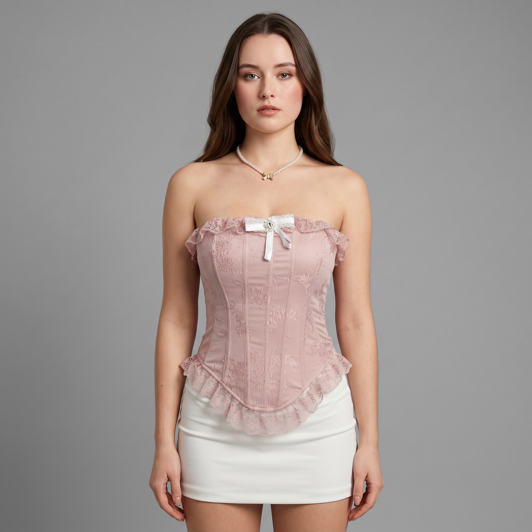 Lace Ruffle Trim Boned Strapless Corset Sexy Blouse
