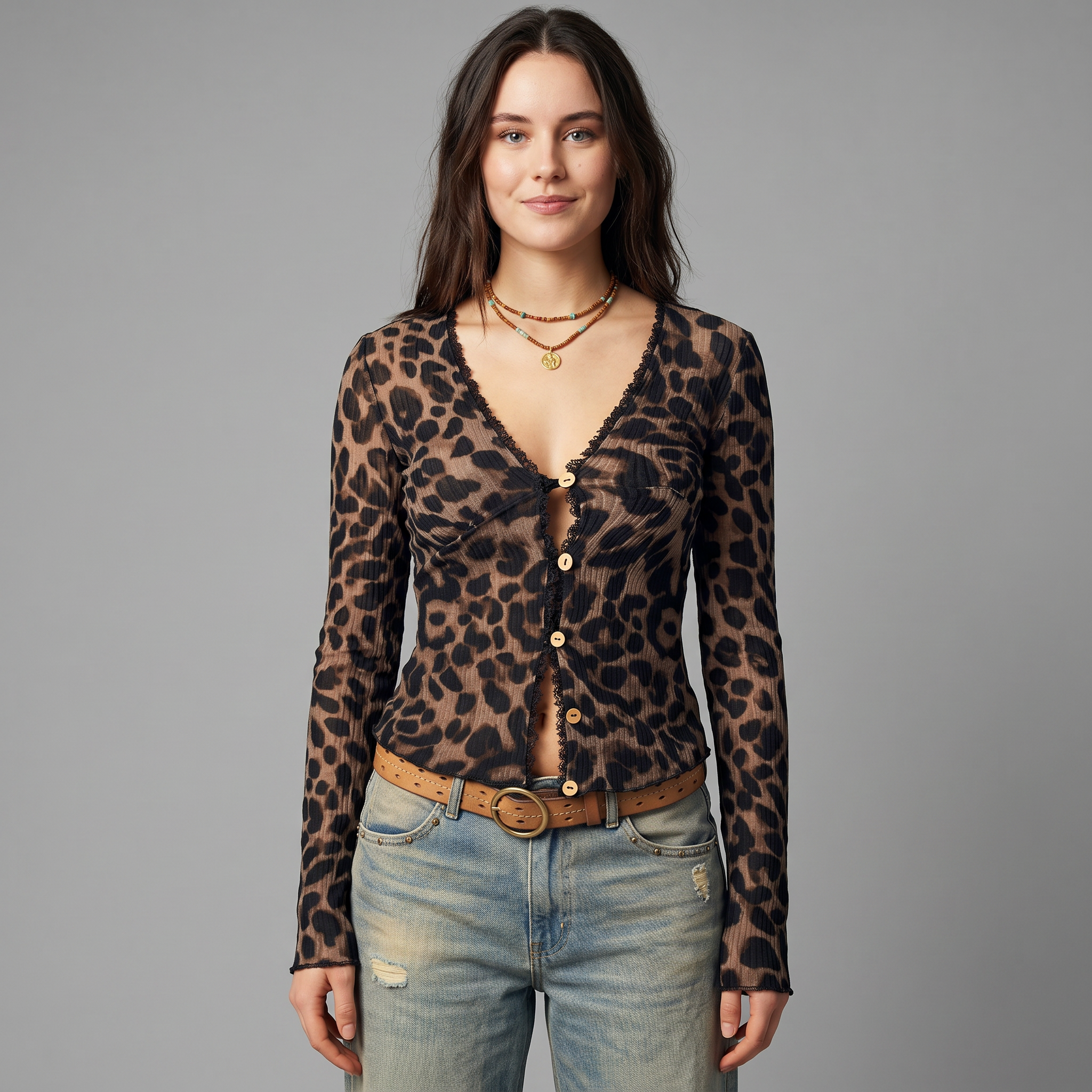 Leopard Print V Neck Button Knit Blouse