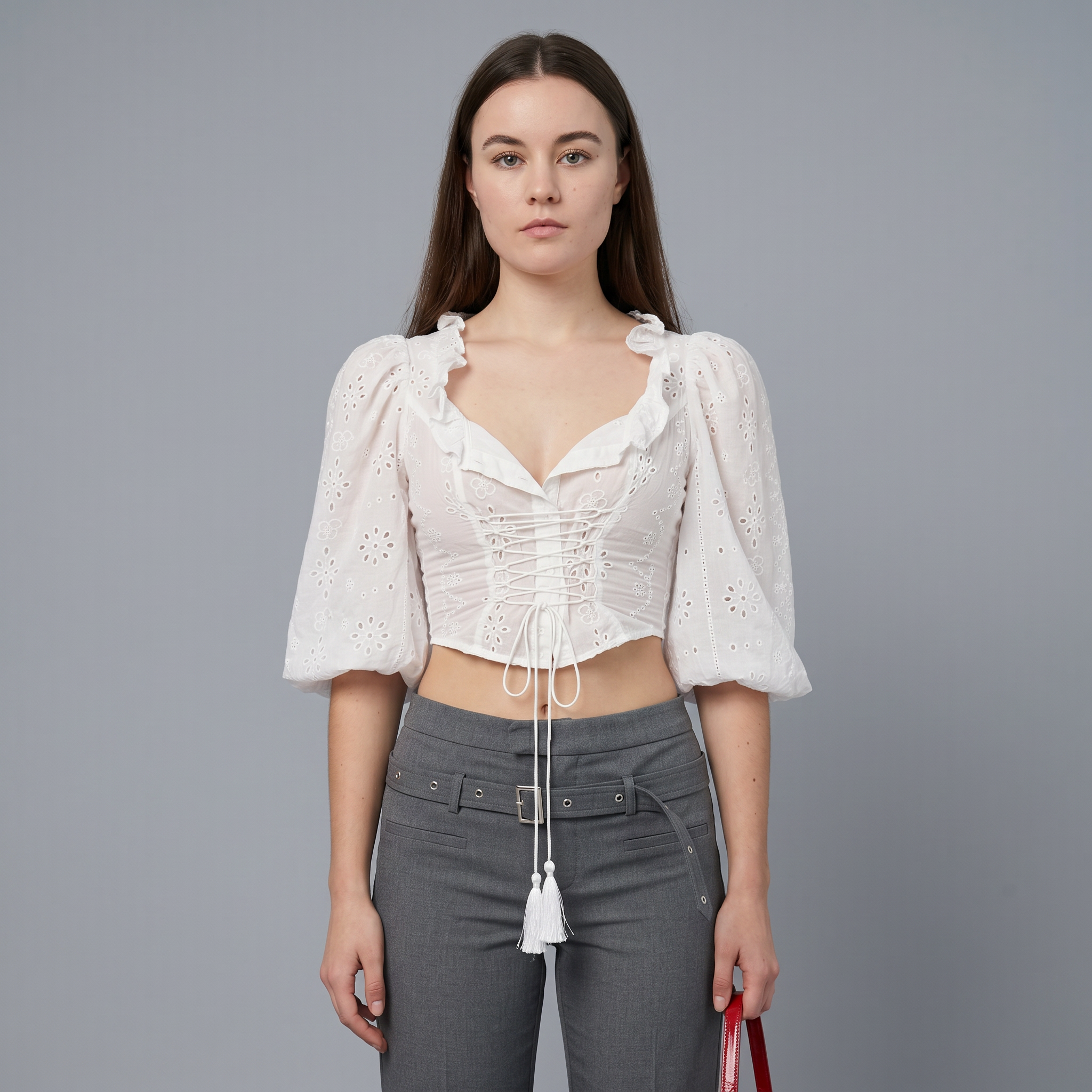 Cotton Hollow Puff Sleeve V Neck Tie Blouse